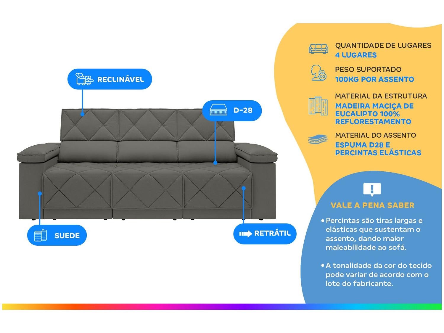 Sofá 4 Lugares Retrátil Reclinável Suede Dante Next Sofás