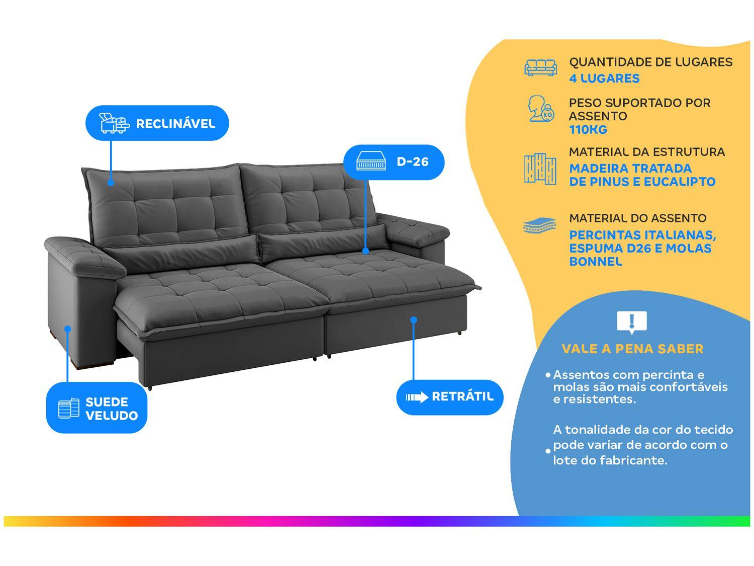 Sofá 4 Lugares Retrátil Reclinável Suede Veludo Molas Ensacadas Módena Flexforma Estofados