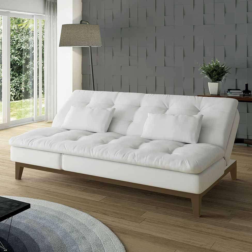 SofáCama 3 Lugares Casal Amanda com Pés de Madeira Couro Sintético