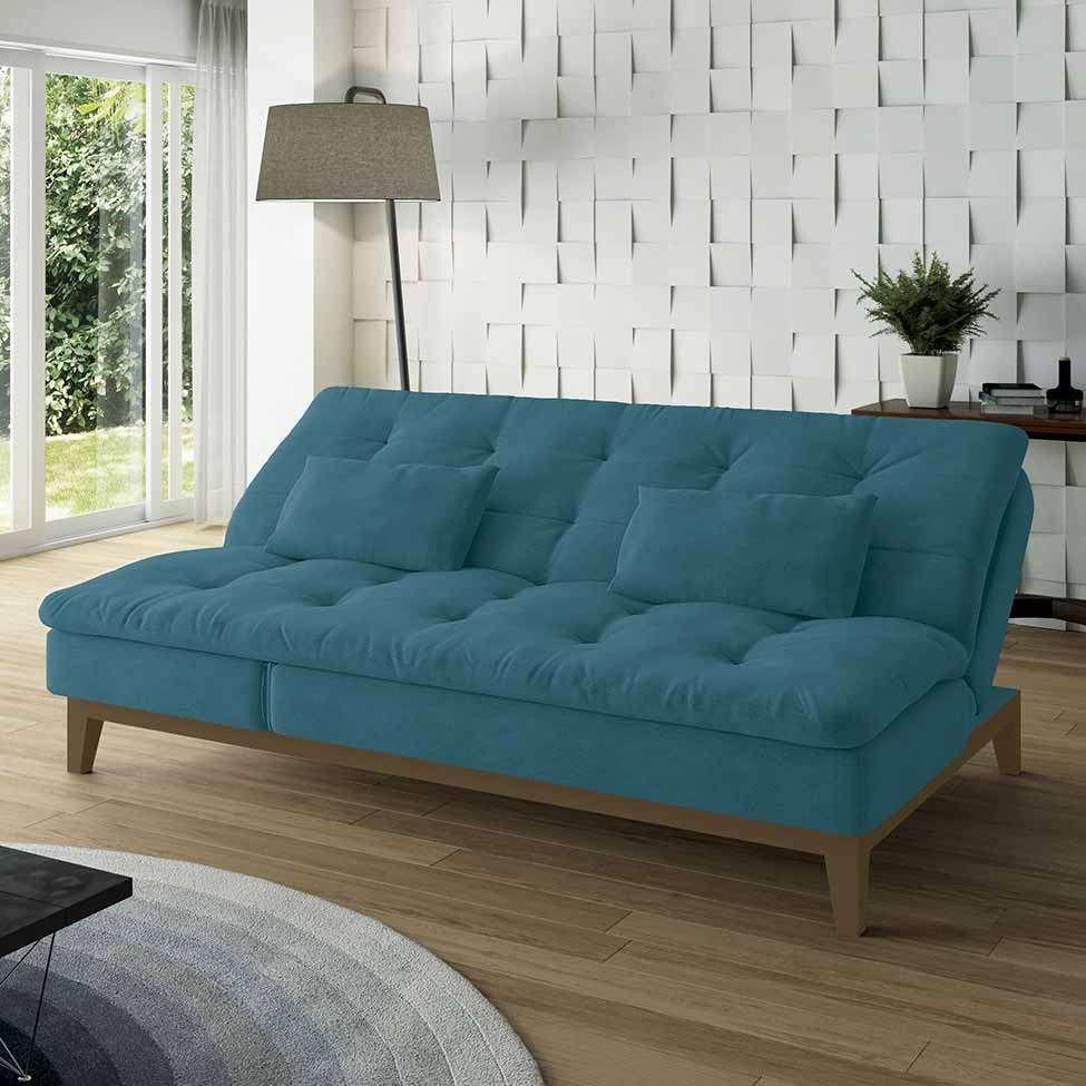 SofáCama 3 Lugares Casal Amanda com Pés de Madeira Suede Azul Mobly