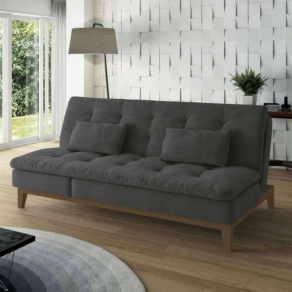 SofáCama 3 Lugares Casal Amanda com Pés de Madeira Suede Cinza Mobly