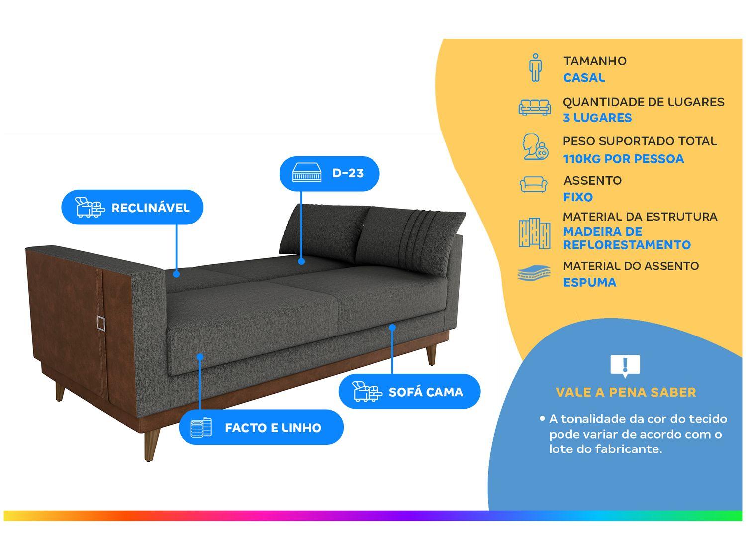 Sofá-cama 3 Lugares Casal Reclinável Facto e Linho Matrix Esther