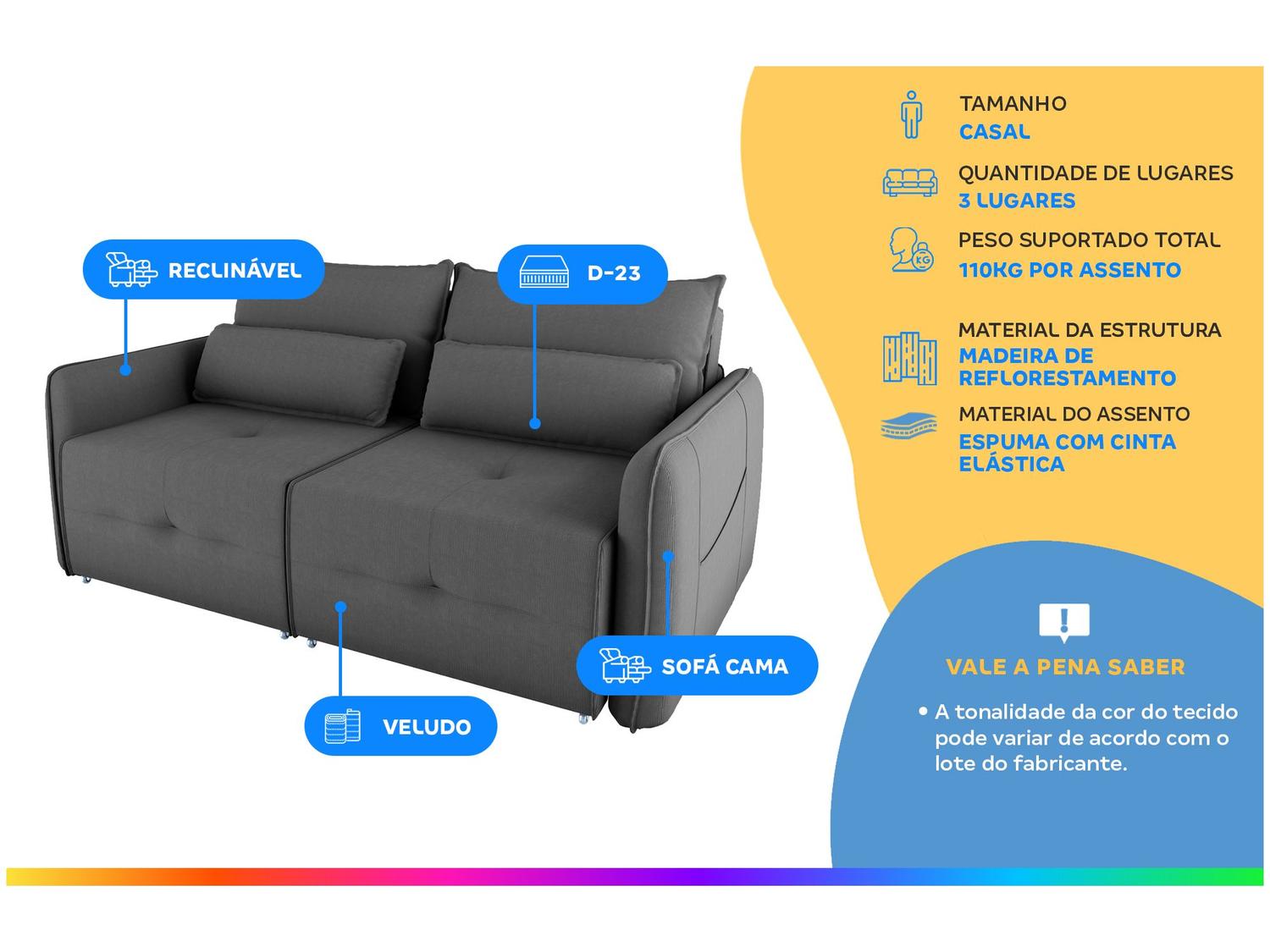 Sofá-cama 3 Lugares Casal Reclinável Veludo Matrix Celine