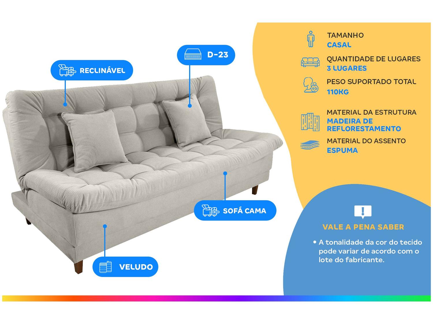 Sofá-cama 3 Lugares Casal Reclinável Veludo Matrix Duda