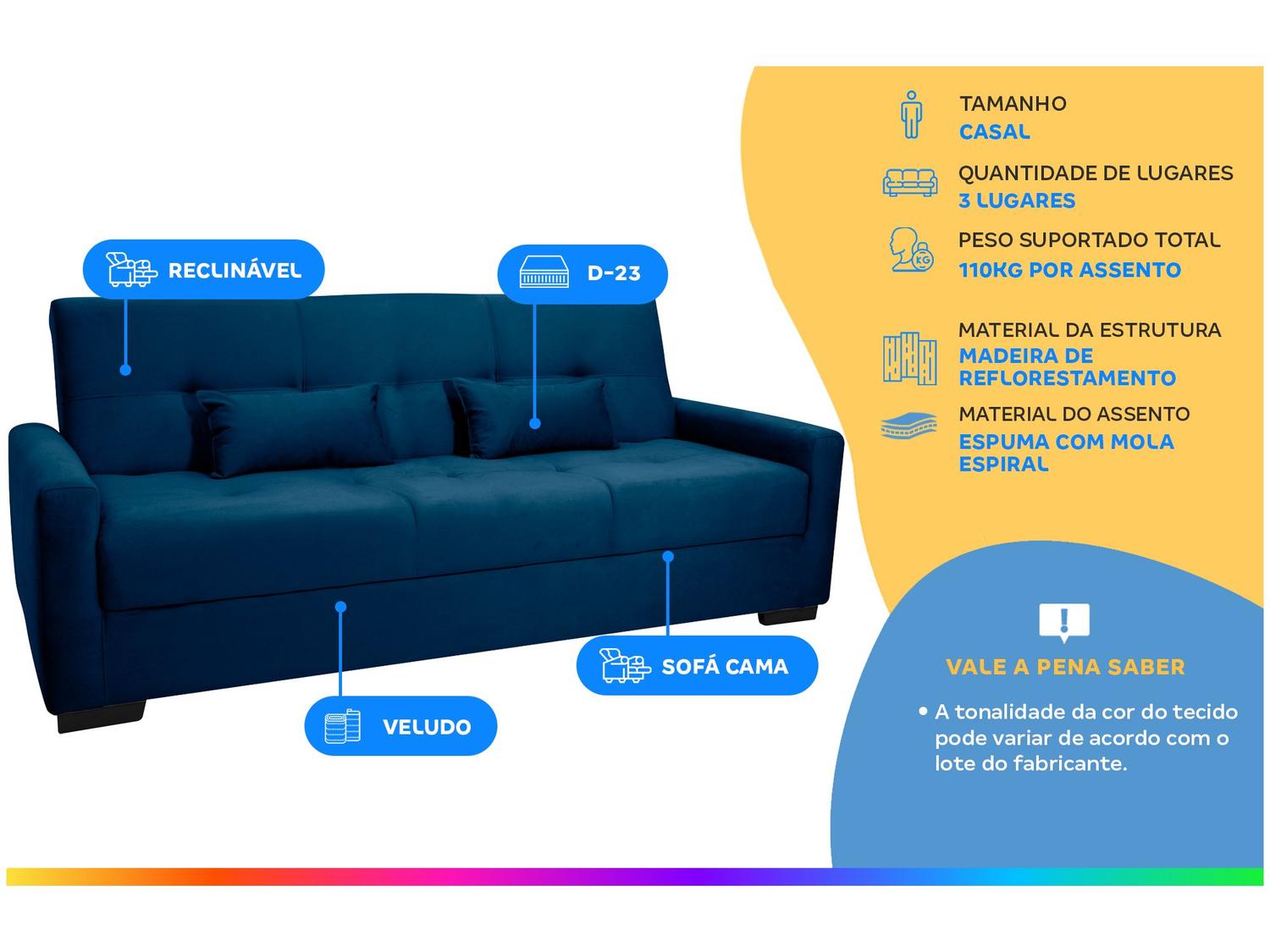 Sofá-cama 3 Lugares Casal Reclinável Veludo Matrix Lavínia