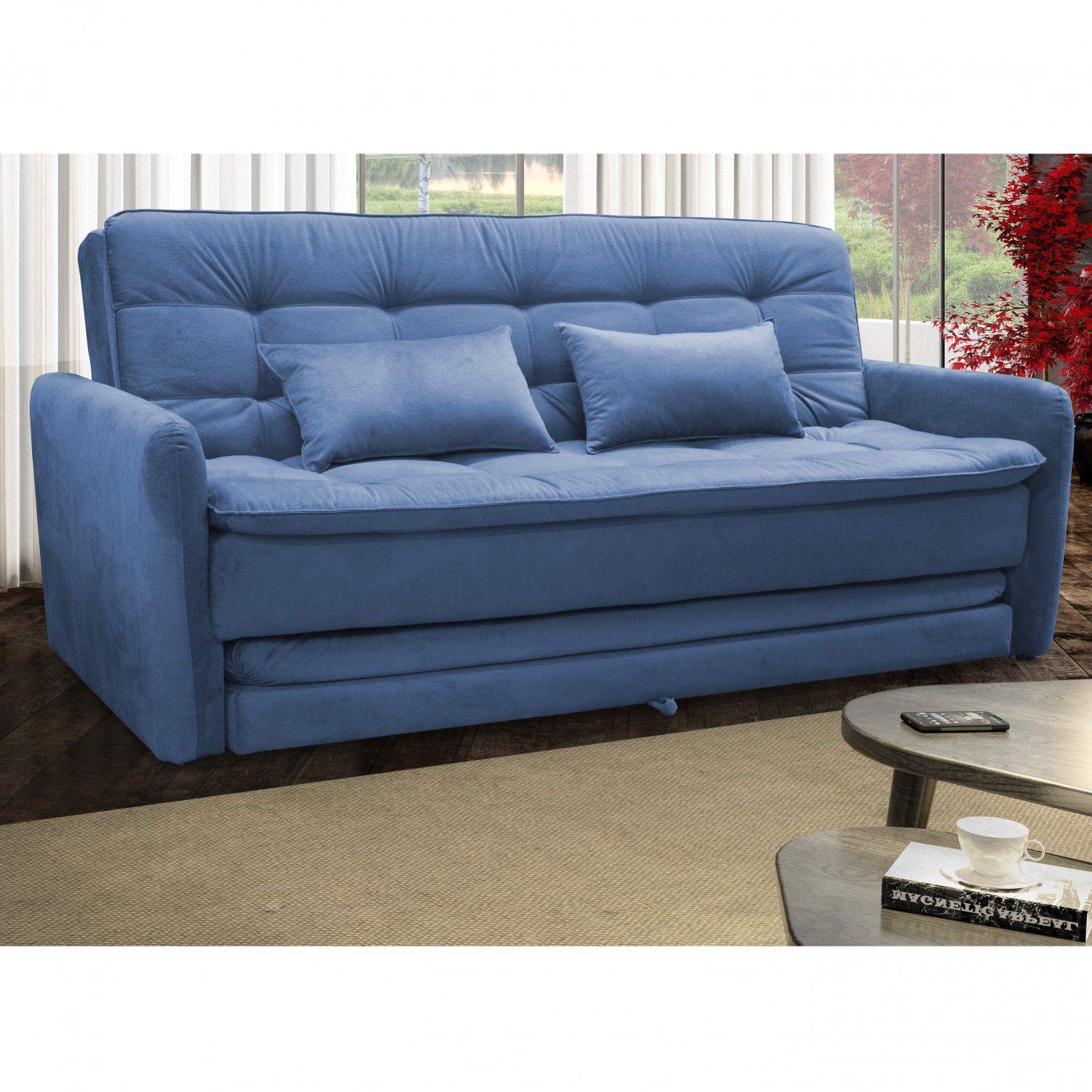Sofá Cama 3 Lugares com 2 Almofadas Madalena Matrix Azul SofáCama
