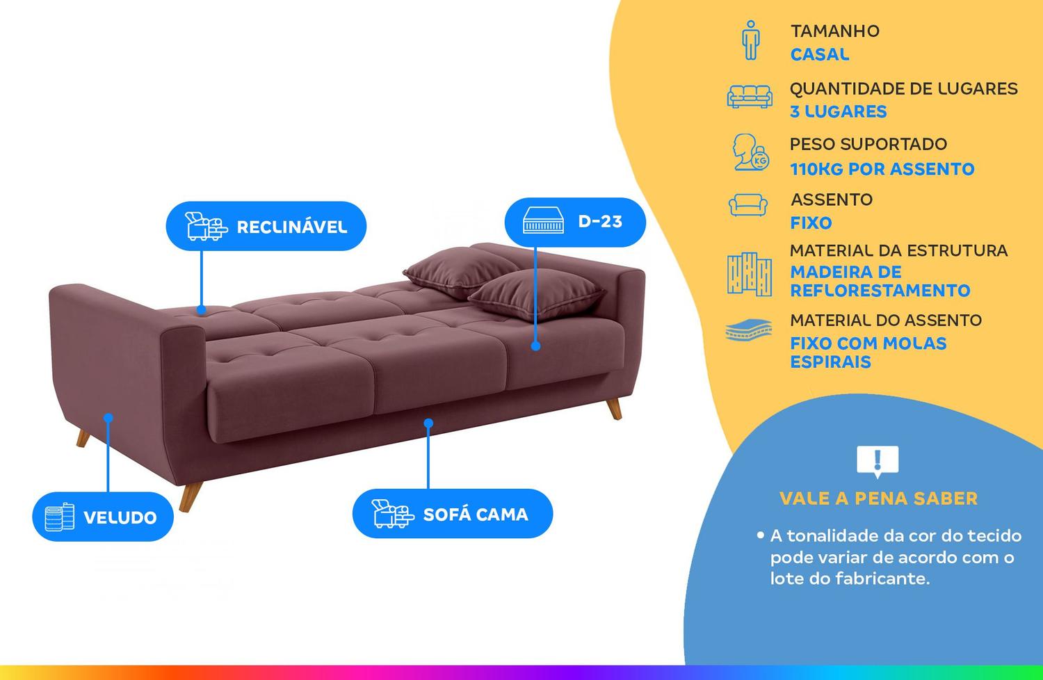 Sofá-cama Casal 3 Lugares com Baú Reclinável Veludo Matrix Pâmela