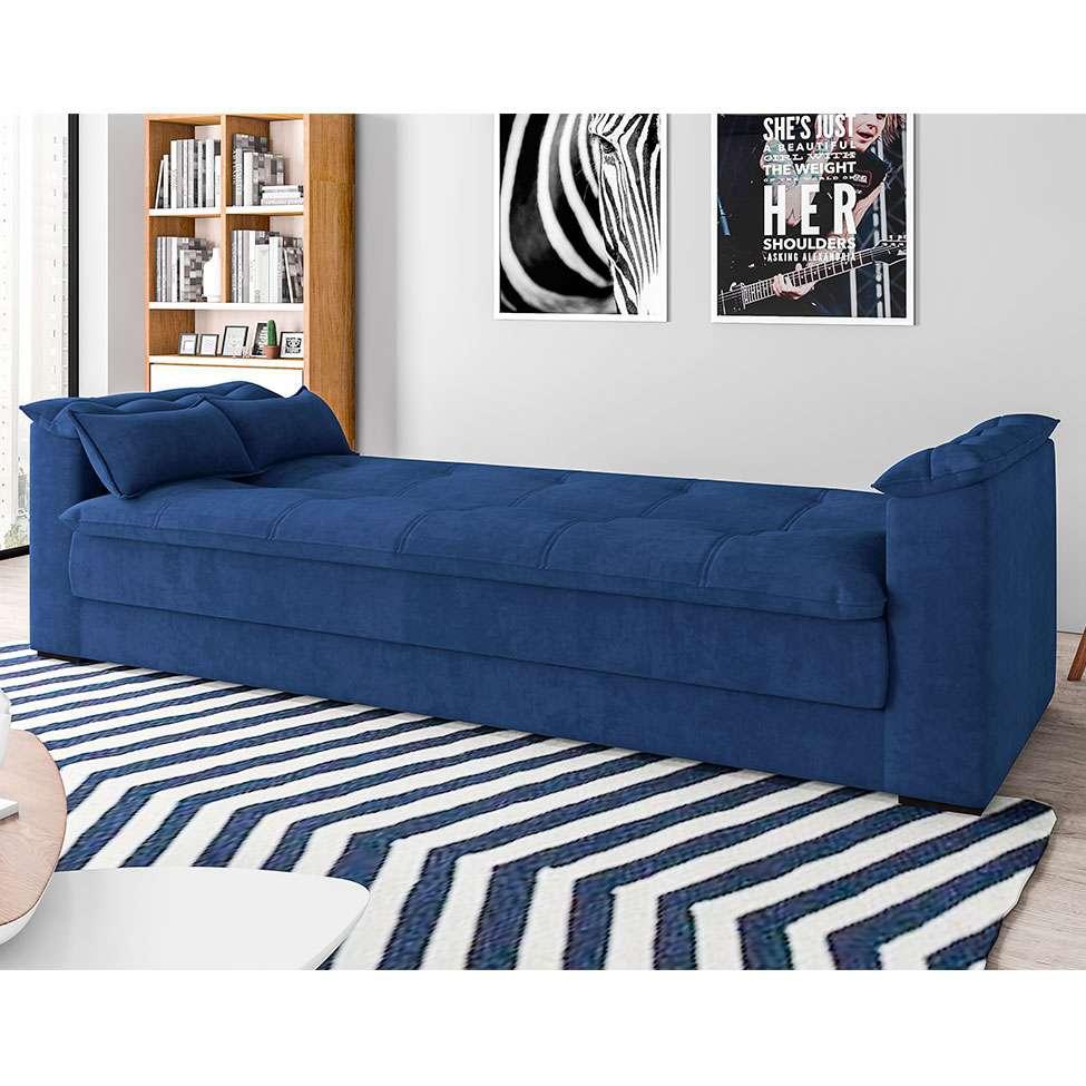 SofáCama Casal 3 Lugares Laís Suede Azul Cometa Conjunto de Sofás