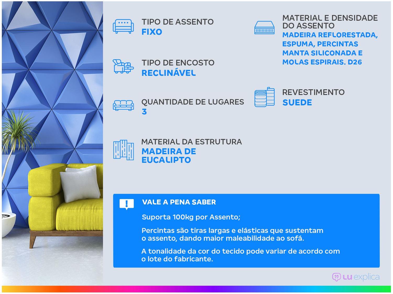 Sofá-cama Casal 3 Lugares Reclinável Suede Matrix Penélope