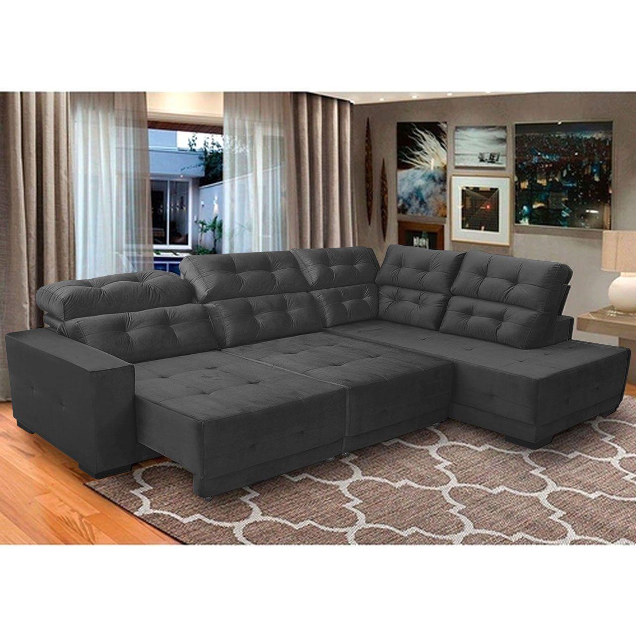 Sofá Canto 285 x 205 cm Chaise D Sttilo Retrátil Mola D26 Suede Cinza 6