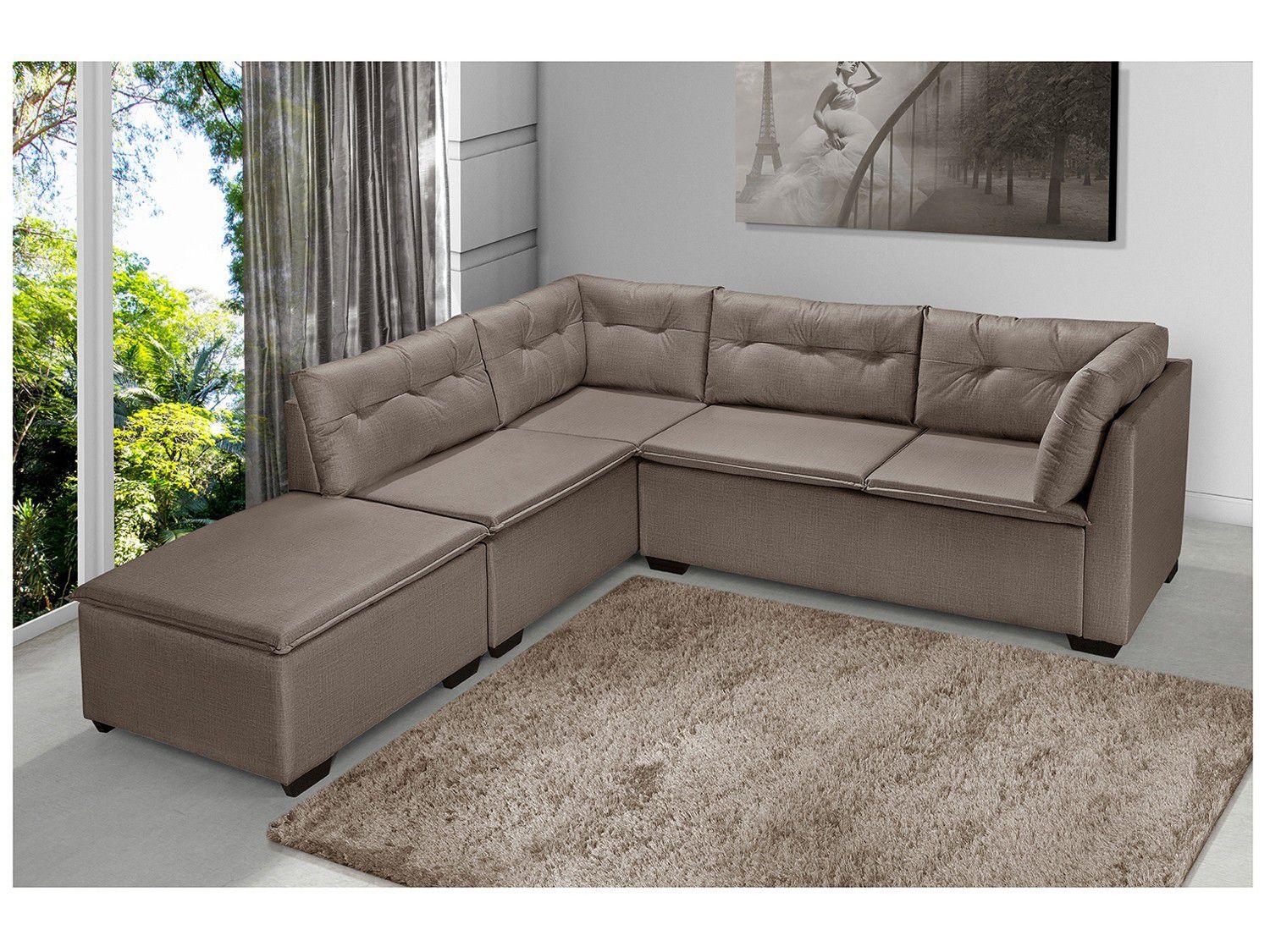 Sofá de Canto 4 Lugares Suede com Puff Reta Moderna Jurerê American