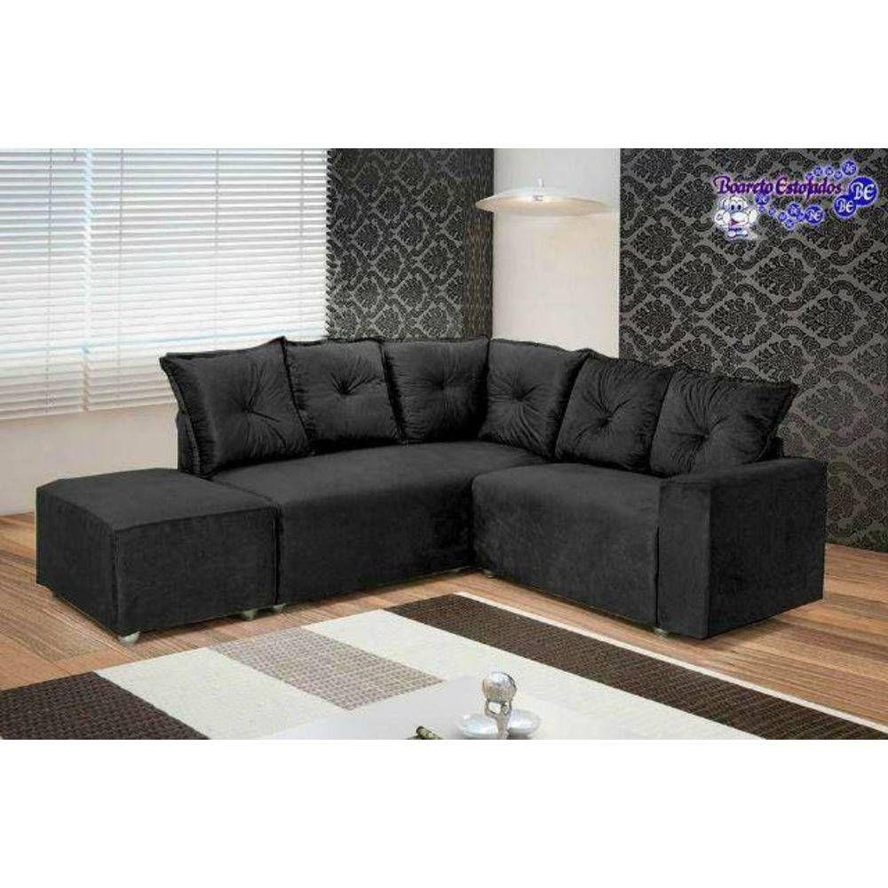Sofá de Canto 5 Lugares com Puff Grande 5040 Almofadas Soltas Tecido Suede Preto Estrela