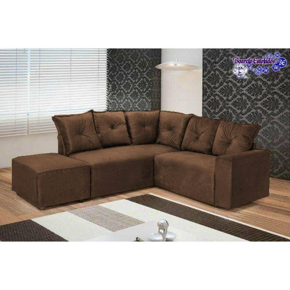 Sofá de Canto 5040 com 5 Lugares e Puff Grande de Tecido Suede Cor Marrom Estrela Móveis