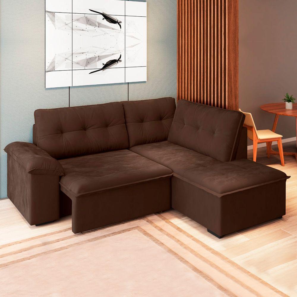 Sofá de Canto Retrátil 1,93m Cama 5 Lugares Tóquio Marrom Veludo Estofados Sofá 5 Lugares
