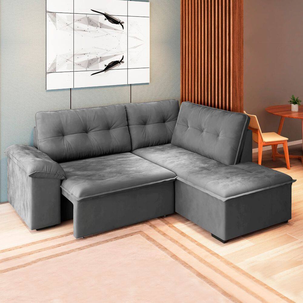 Sofá de Canto Retrátil 5 Lugares Tóquio Cinza Veludo Estofados Sofá