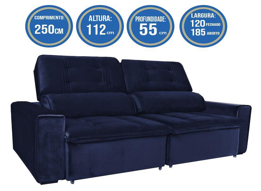 Sofá Nevada 250cm Retrátil Reclinável Azul Marinho Decor & Conforto