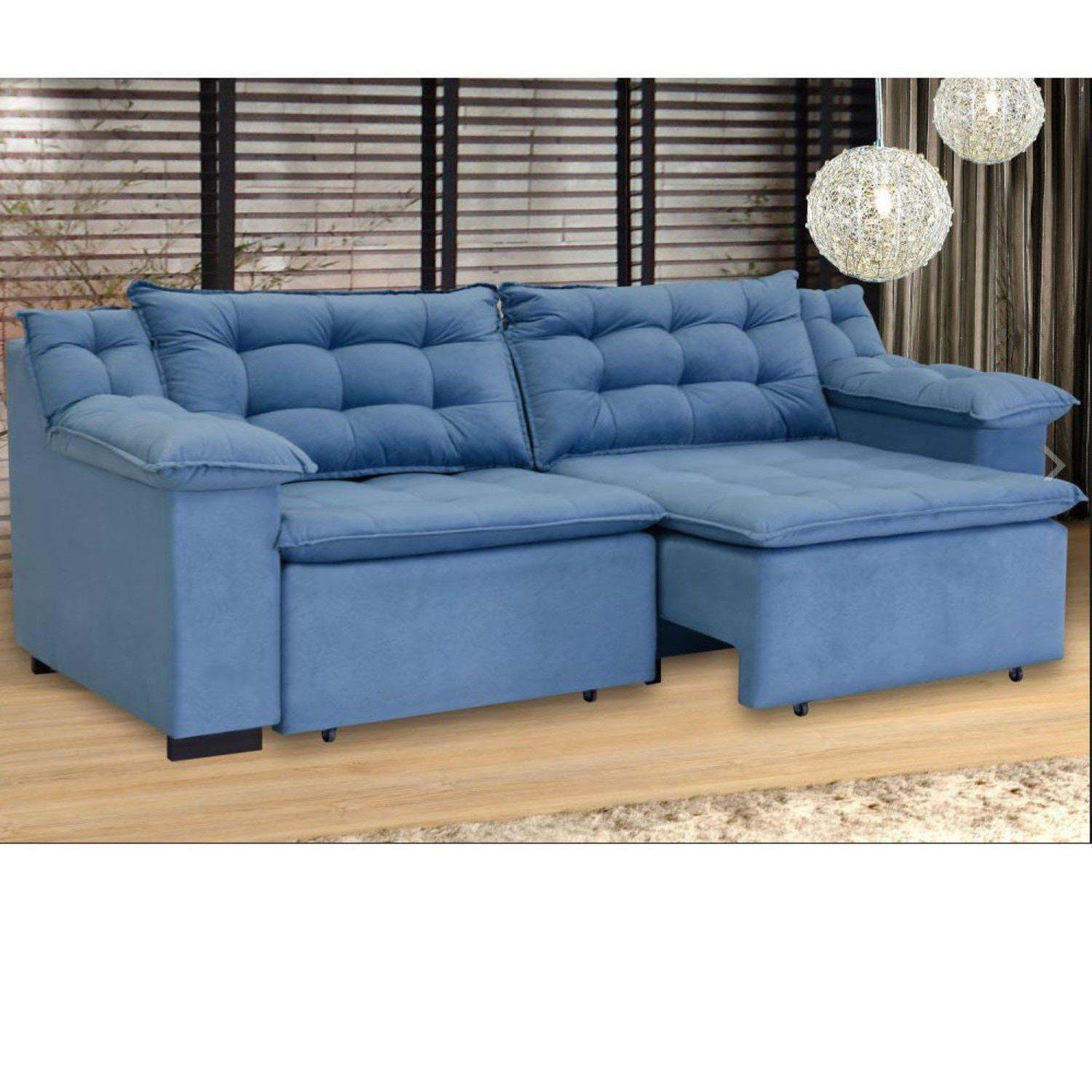 Sofá Retrátil 4 Lugares Suede Confort Umaflex Azul Sofá 4 Lugares