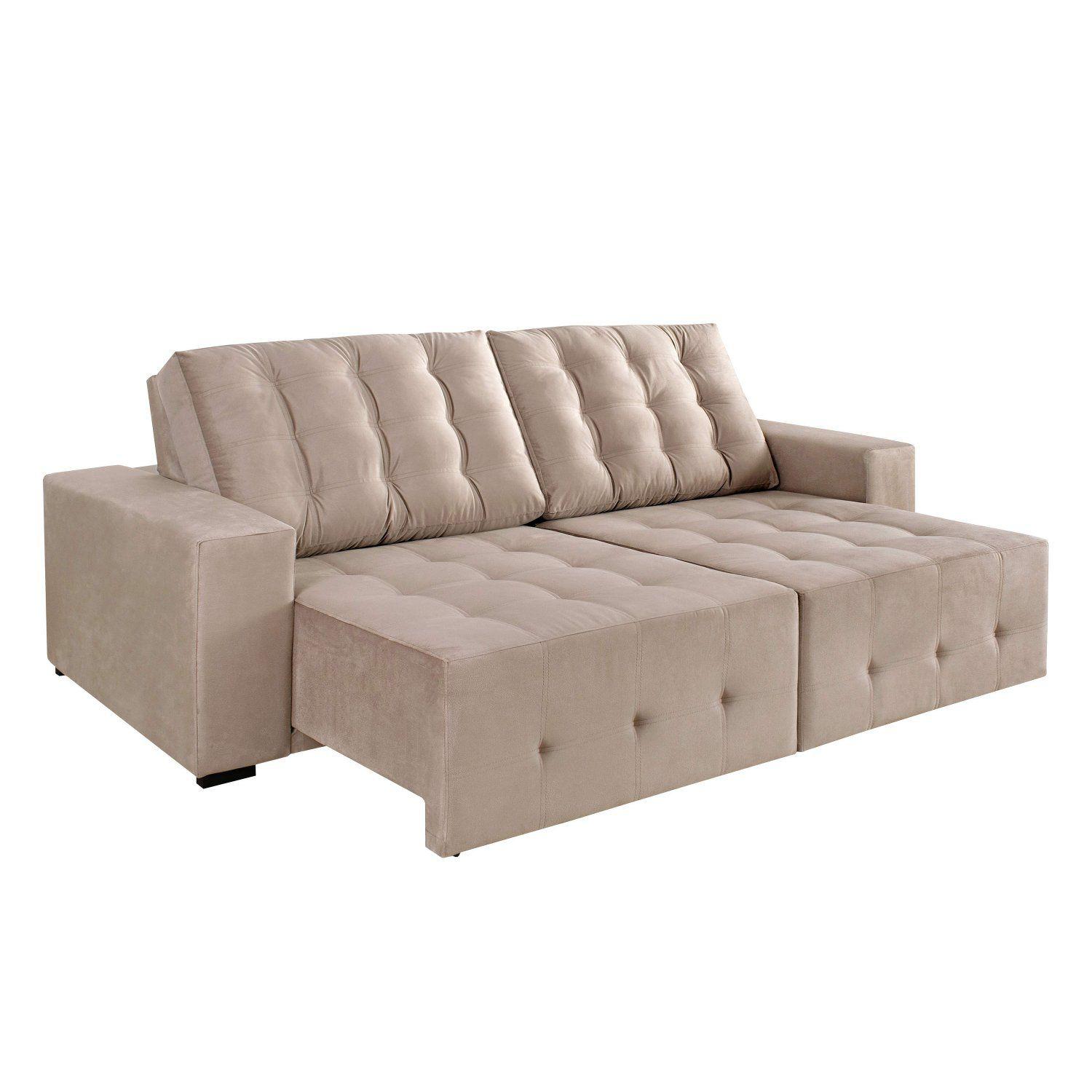 Sofá Retrátil e Reclinável 4 Lugares Veludo Peró Estofart Bege Claro