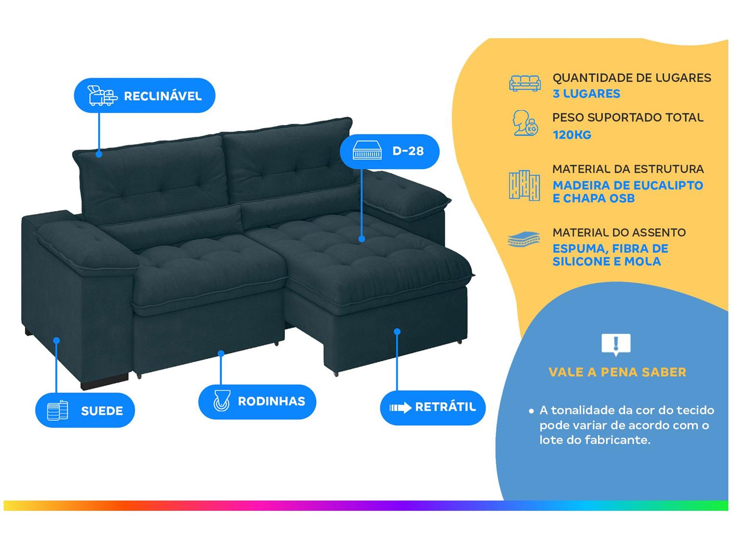 Sofá Retrátil Reclinável 3 Lugares Suede Veludo