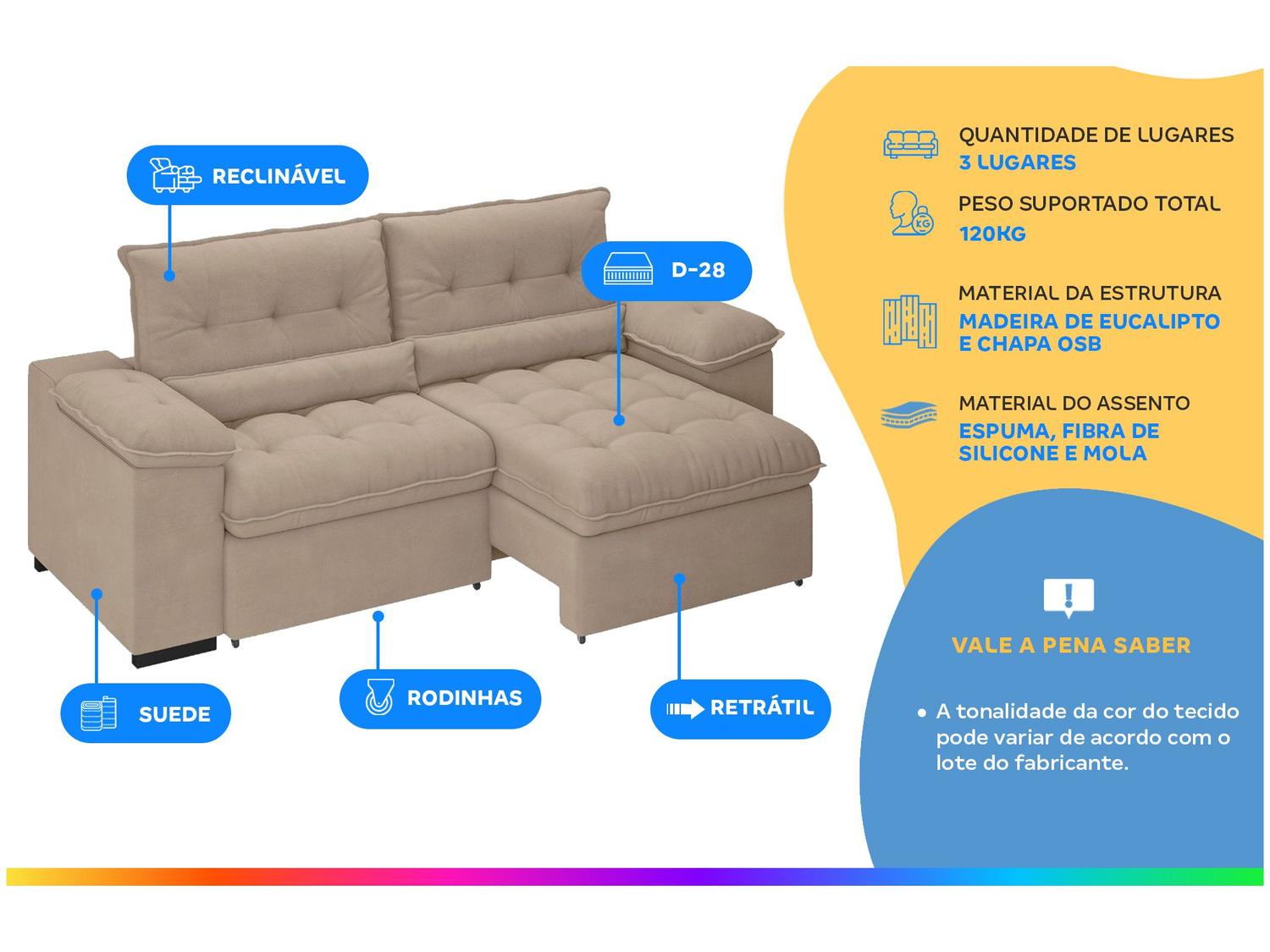 Sofá Retrátil Reclinável 3 Lugares Suede Veludo