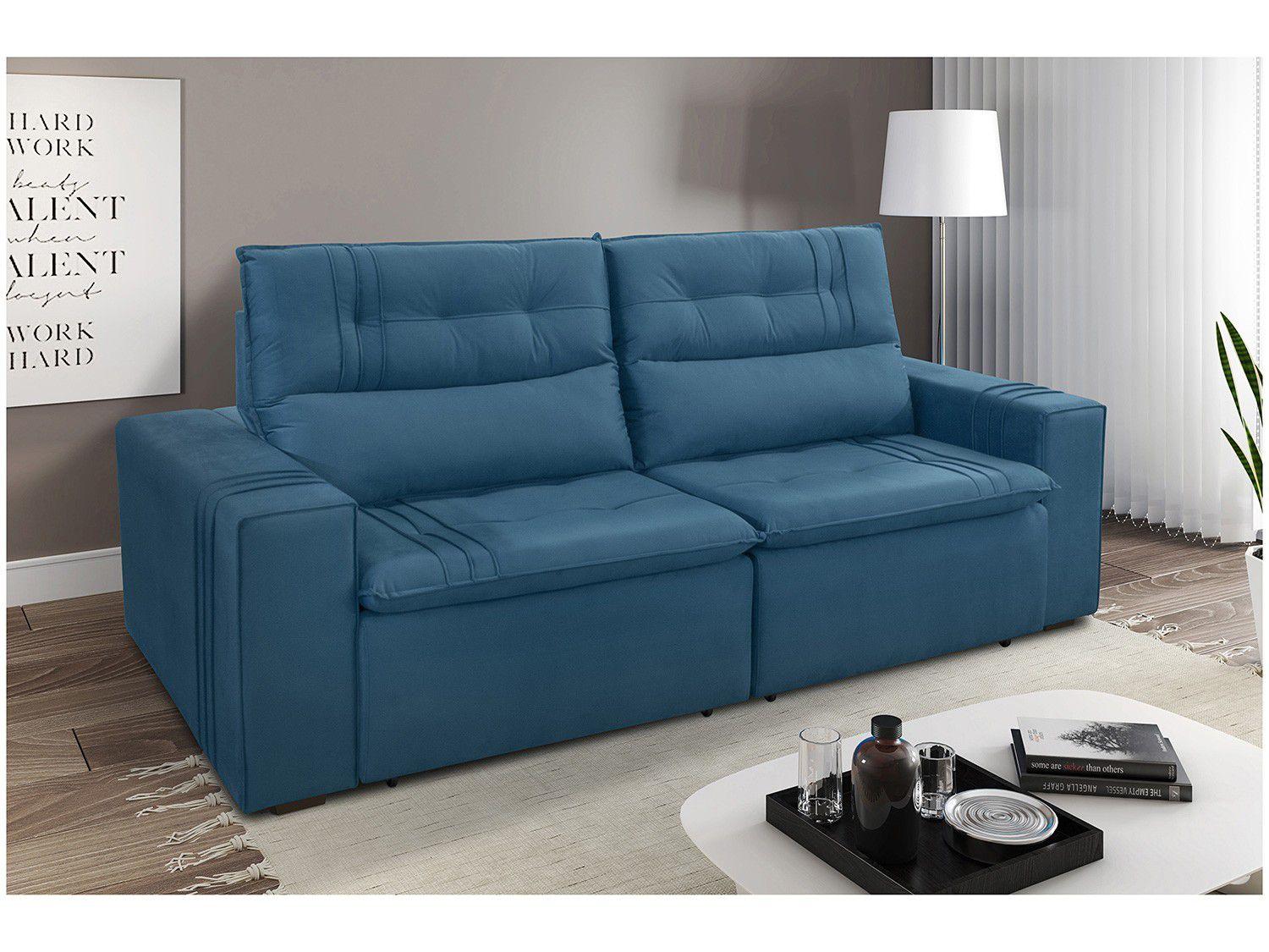 Sofá Retrátil Reclinável 3 Lugares Veludo Vivance Gralha Azul Sofá