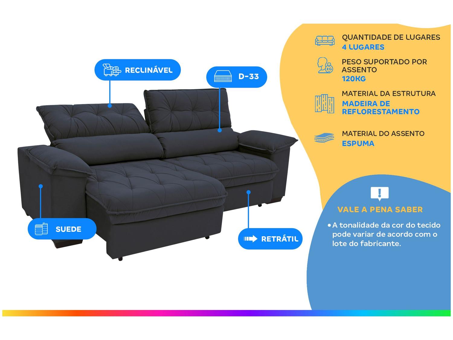 Sofá Retrátil Reclinável 4 Lugares Suede Hannover