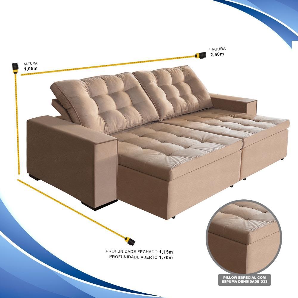 sofá tunísia 2,50 mts retrátil e reclinável pluma castor Sofá casa