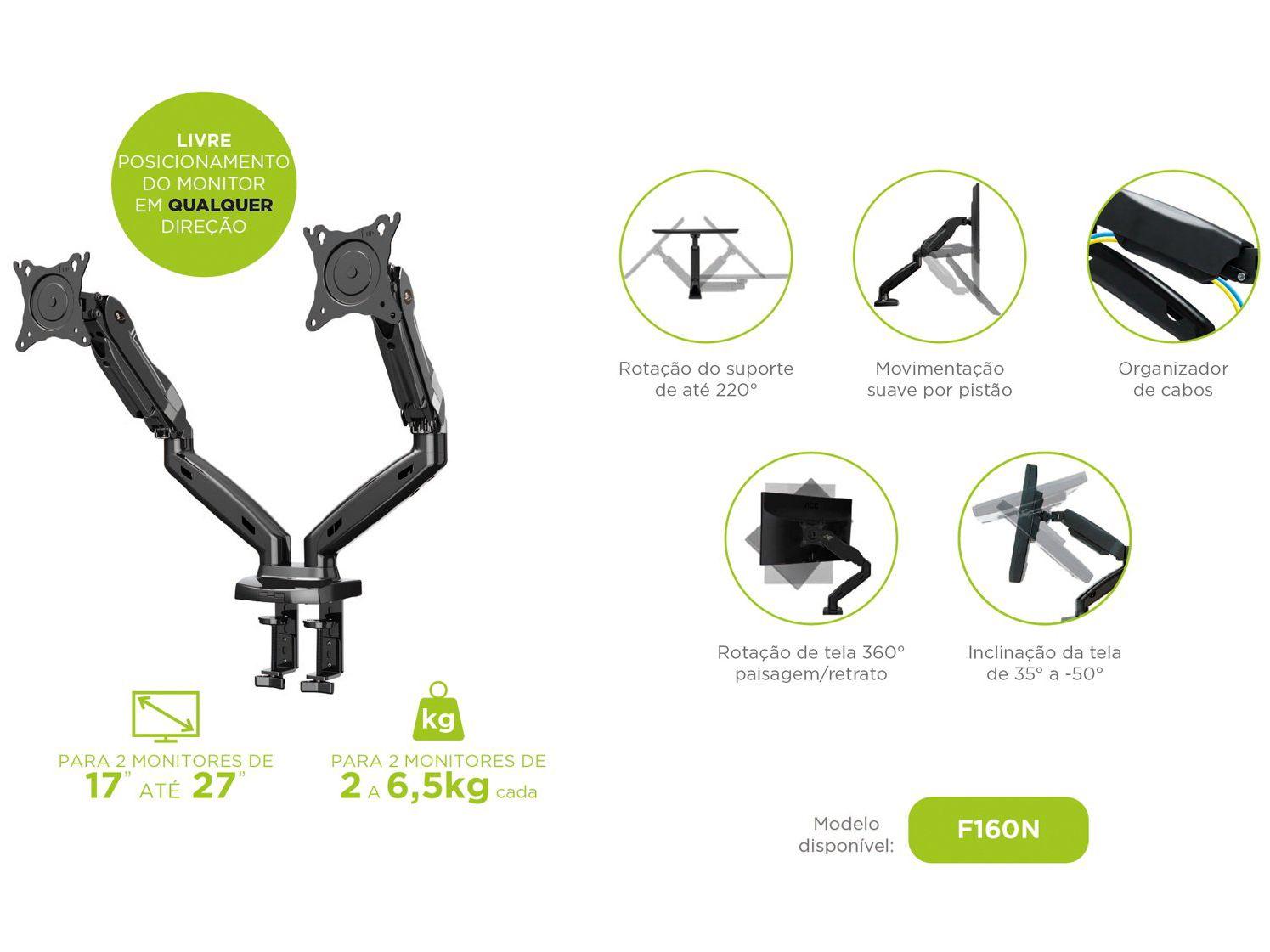 Suporte Ergonômico Articulado de Mesa com Pistão a Gás para 2 Monitores de 17” a 35” F160N