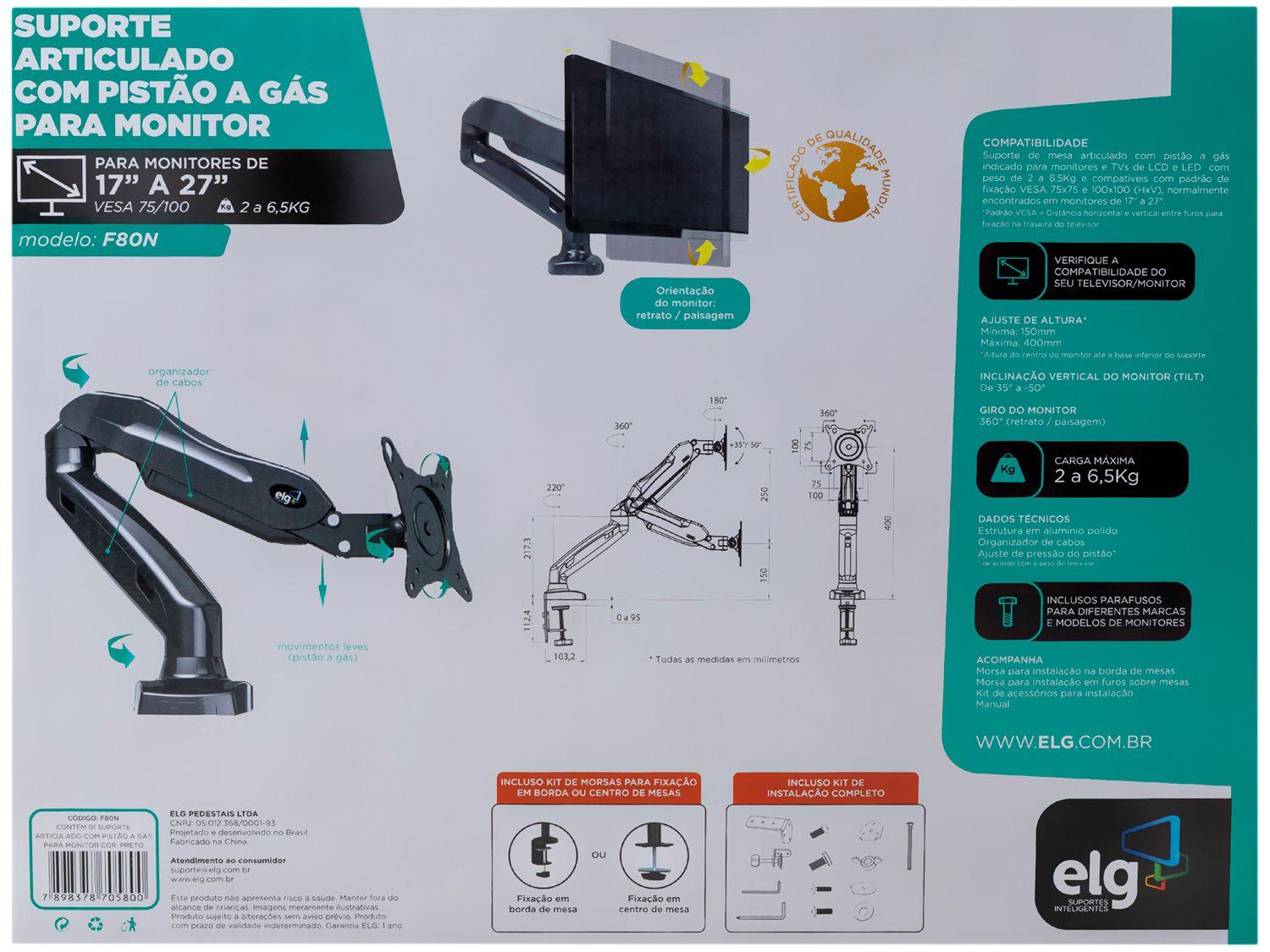 Suporte para Monitor de Mesa Articulado LCD LED até 27” ELG F80N