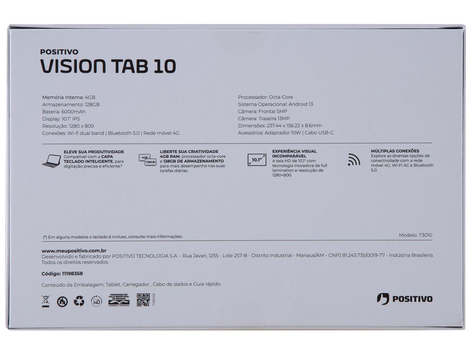 Tablet Positivo Vision Tab 10,1" 128GB 4GB RAM Android 13 Octa Core Wi-Fi 4G