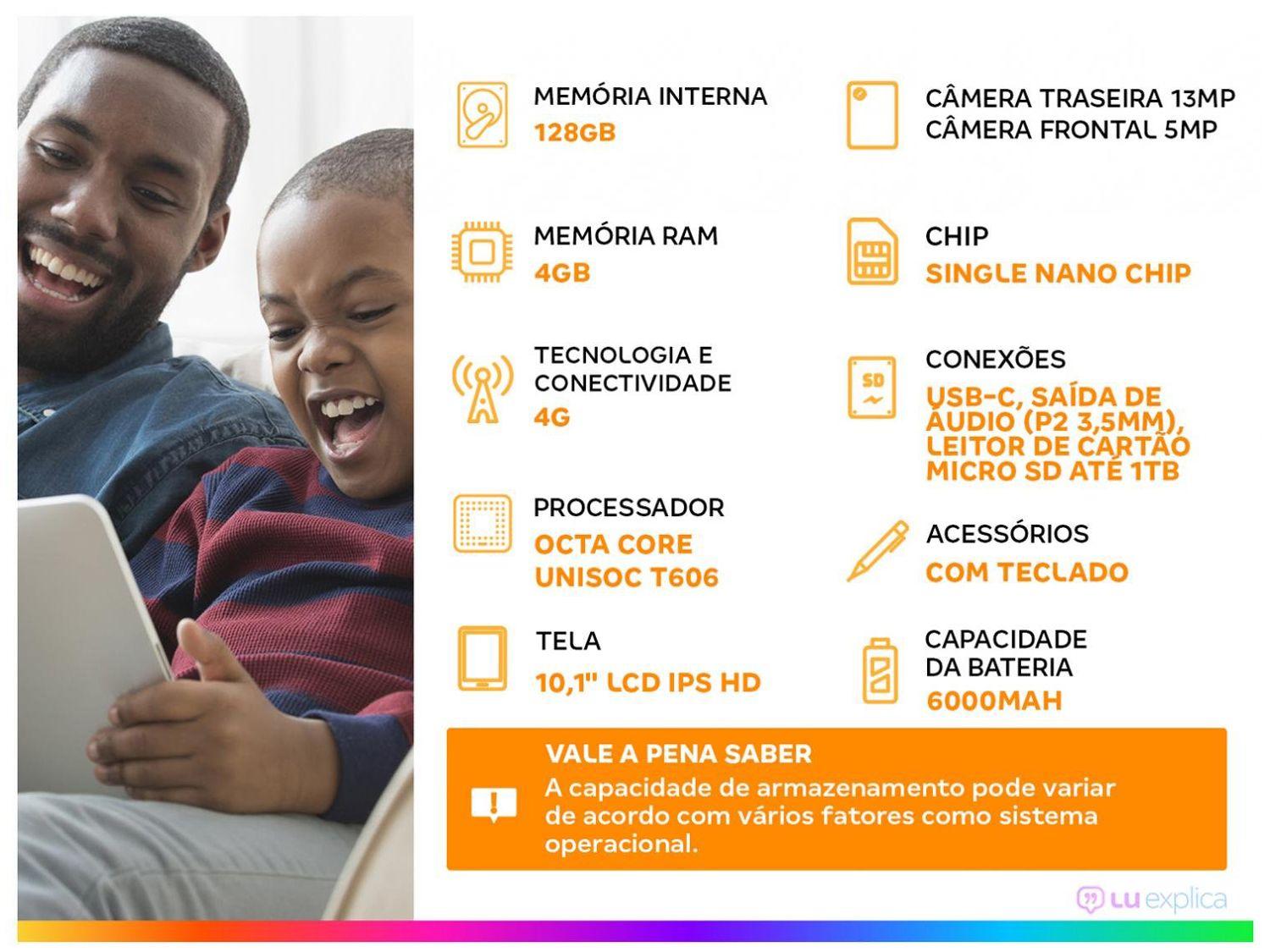 Tablet Positivo Vision Tab com Capa Teclado 10,1" 128GB 4GB RAM Android 13 Octa Core Wi-Fi 4G