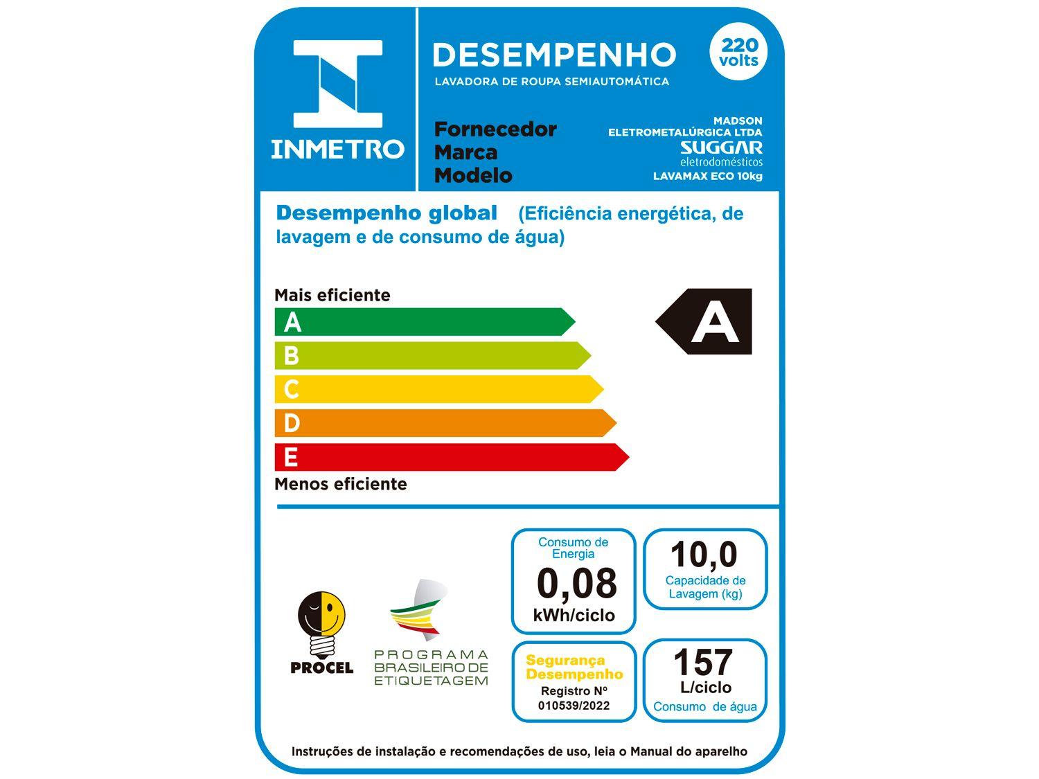 Tanquinho de Lavar Roupas Suggar 10kg Lavamax Eco LE1021PR