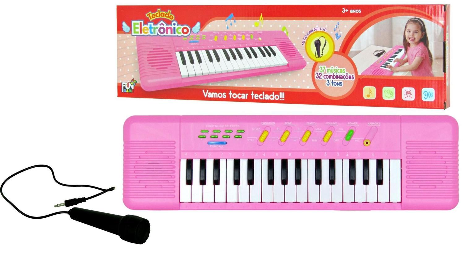 Piano Infantil Rosa Menina Musical Microfone Teclado em Promoção