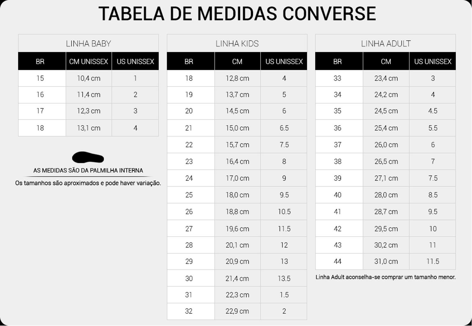 converse tamanhos