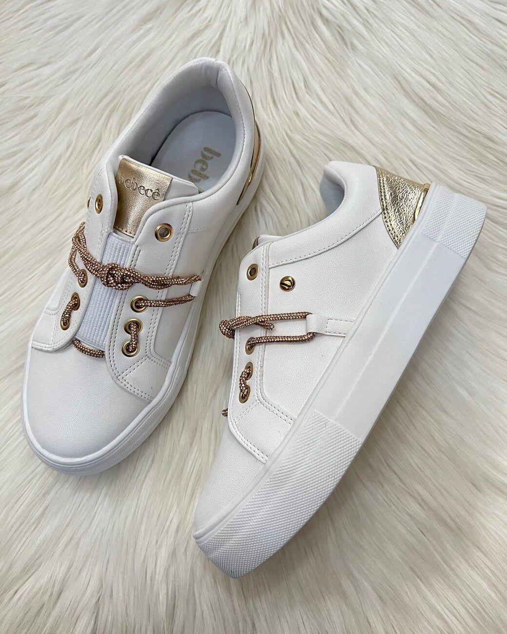 Tênis Casual Tenis Branco Com Dourado Tênis Feminino Casual Com - Main Image