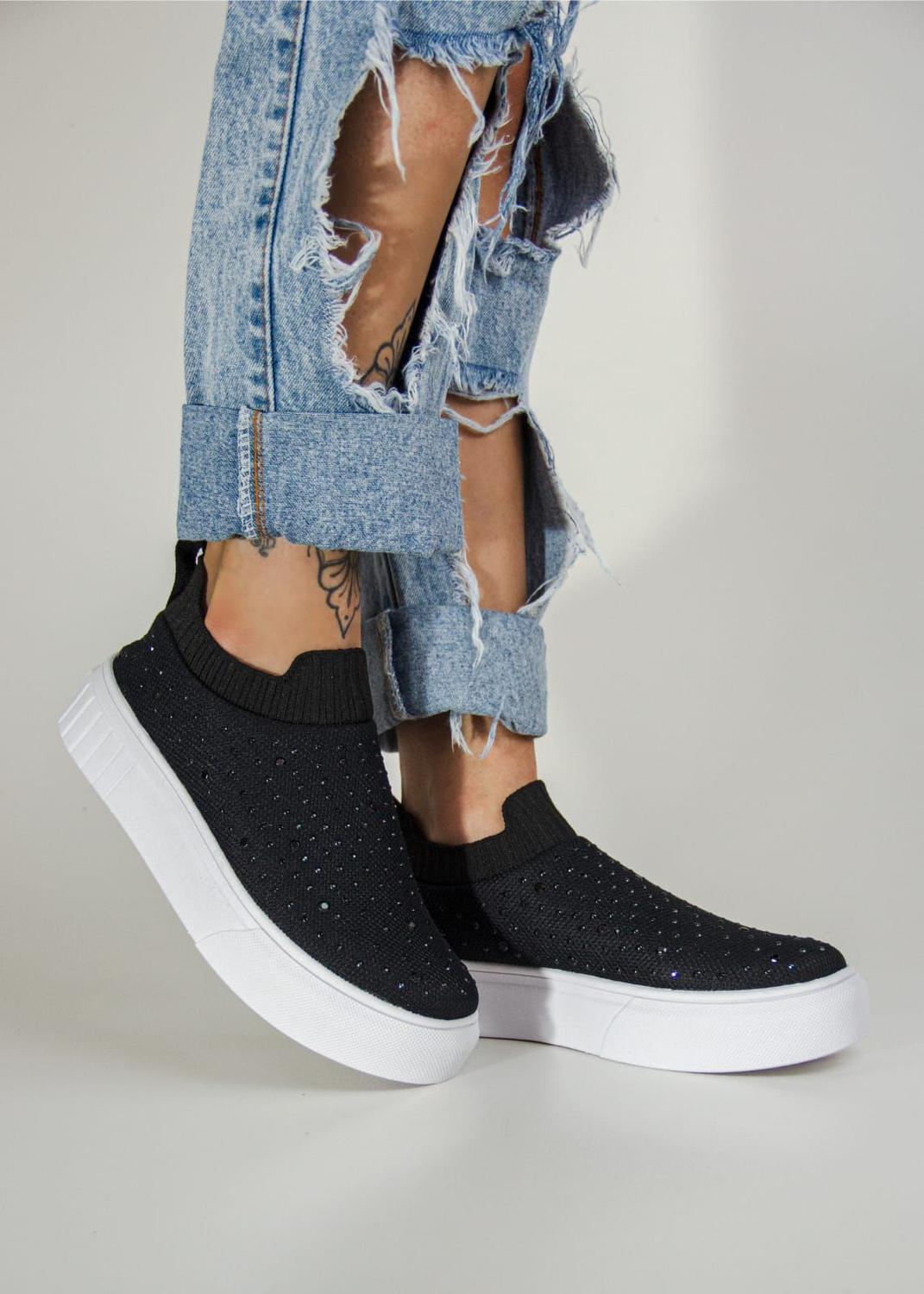 Glitter Tenis Preto Feminino Brilhoso Tênis Feminino Casual Slip