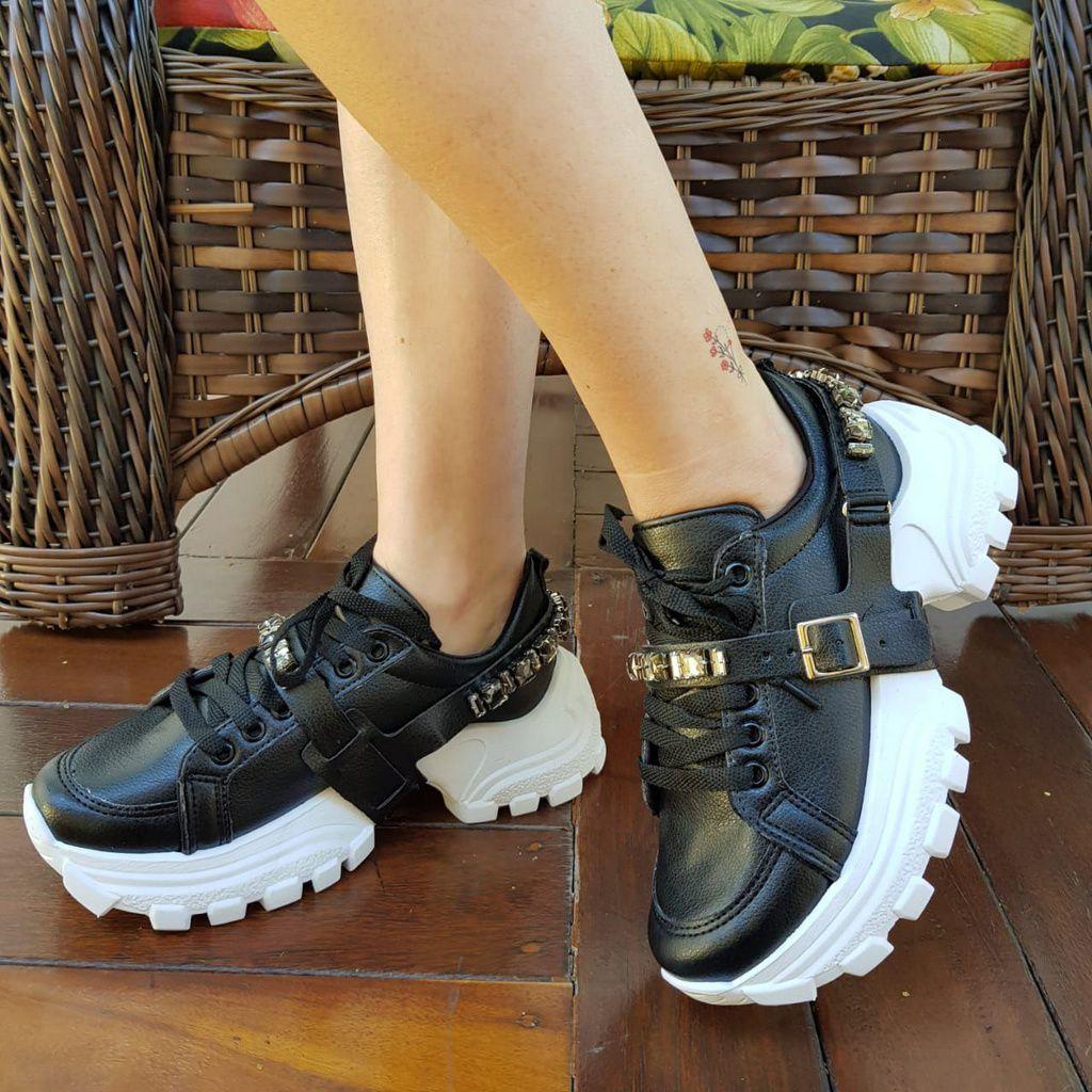 Tênis Feminino Preto Enfeite Pedras Modinha Conforto - V\u0026T - Calçados  Femininos - Magazine Luiza