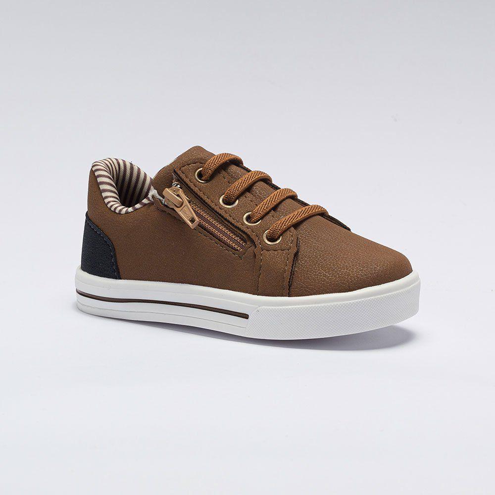 Tênis Infantil Menino Casual Cadarço Elástico Zíper Marrom