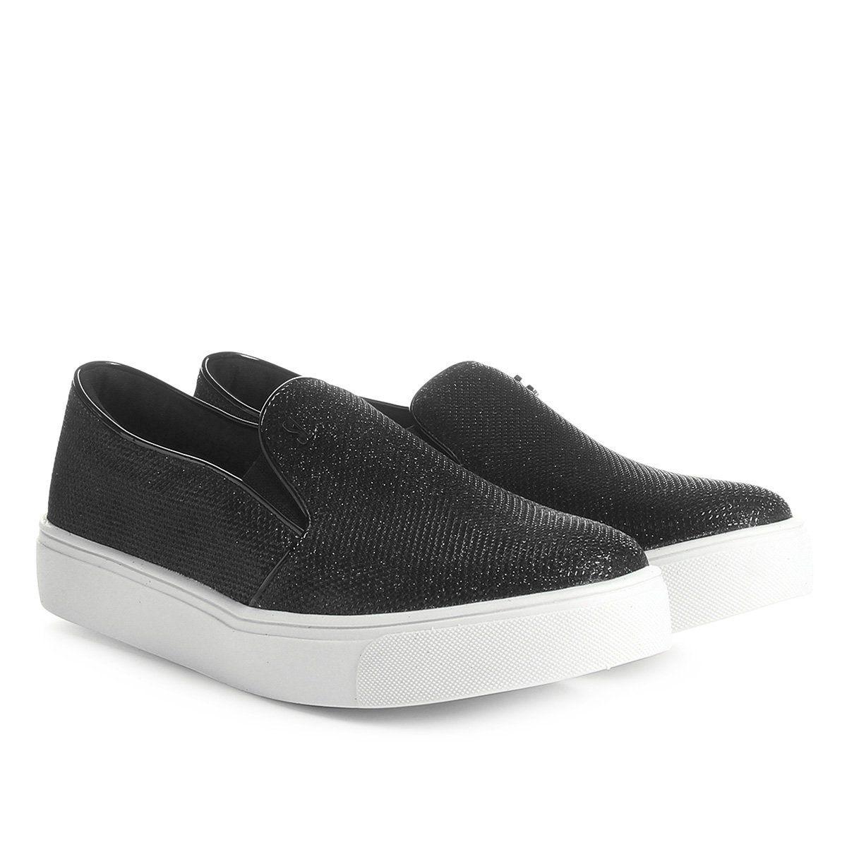 Preto Couro Slip On Santa Lolla Glitter Preto Tênis Santa Lolla