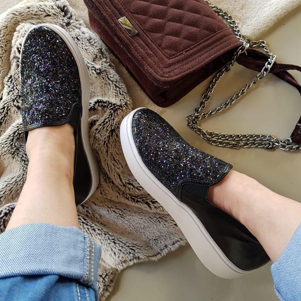 Tênis Slip On Feminino Modinha Preto Couro Detalhe Em Gliter - V\u0026T -  Slipper / Slip On Feminino - Magazine Luiza