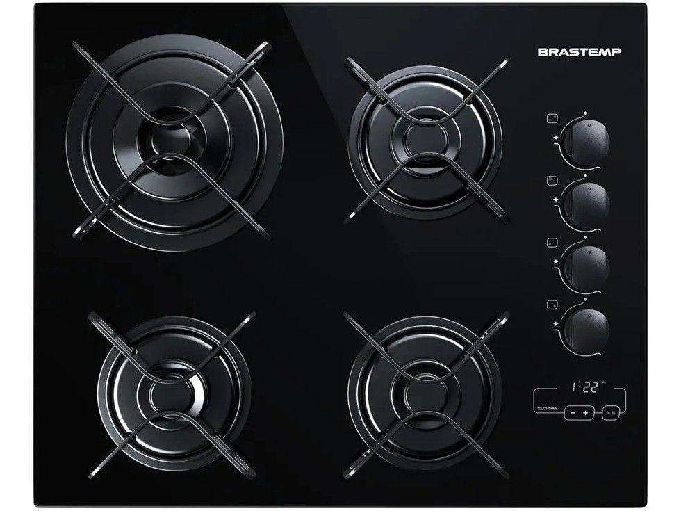 Cooktop 4 Bocas a Gás GLP Brastemp Vidro Temperado - Touch com Timer Preto Ative! BDT62