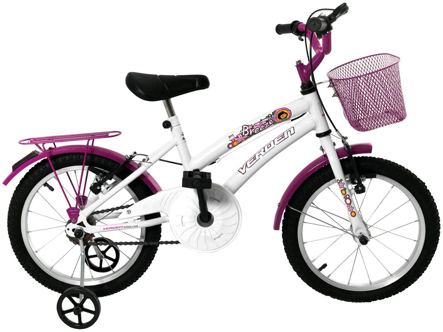 Bicicleta Infantil Aro 16 Verden Breeze - Branco e Pink com Rodinhas com Cesta Freio V-brake