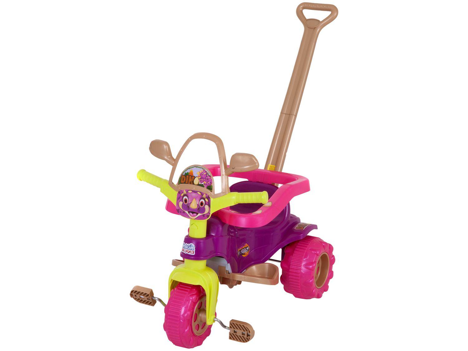 Triciclo Infantil Dino Pink com Empurrador - Cestinha Emite Sons Magic Toys