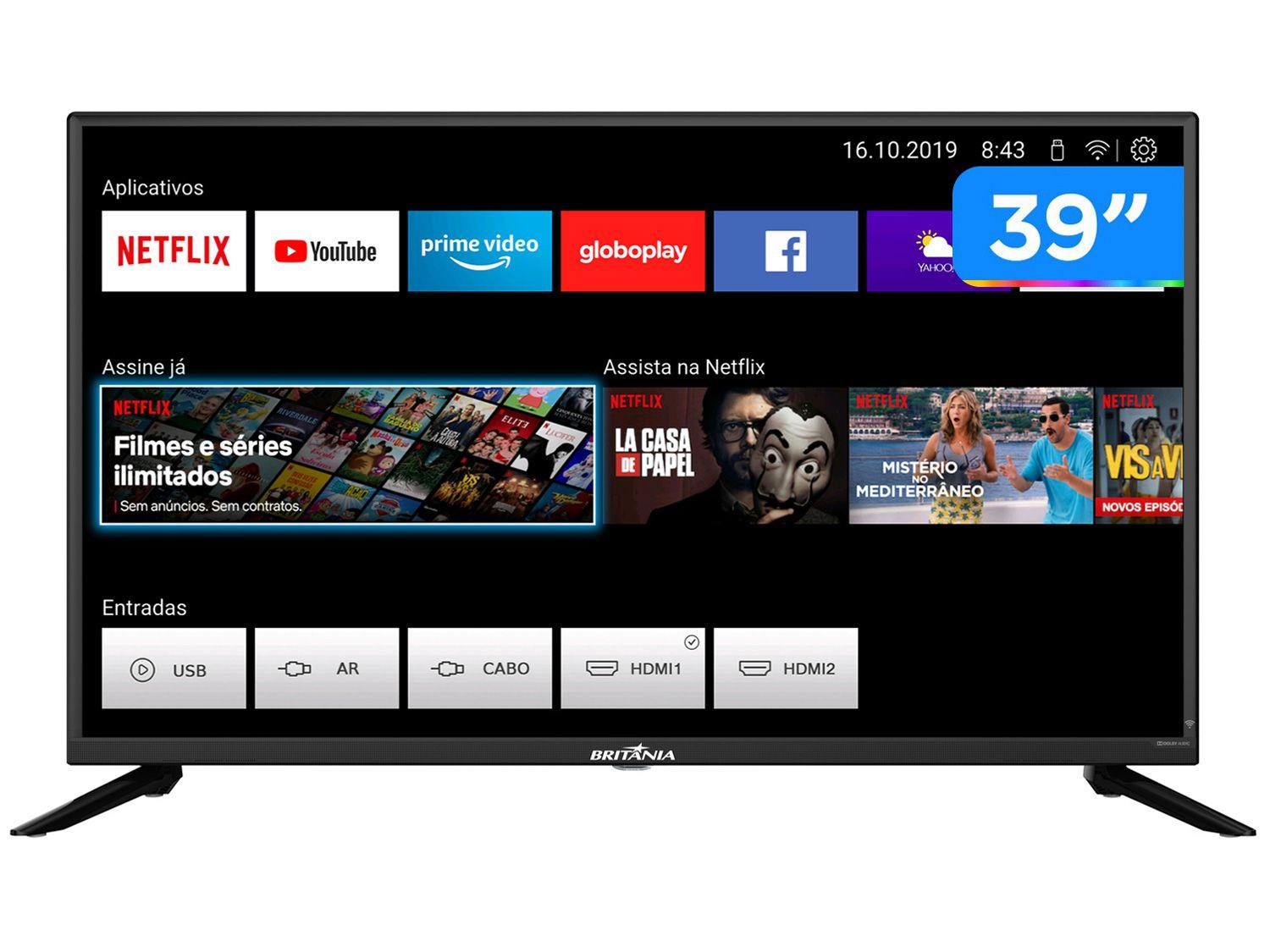 Smart TV HD D-LED 39" Britânia BTV39G60N5CH - Wi-Fi 2 HDMI USB