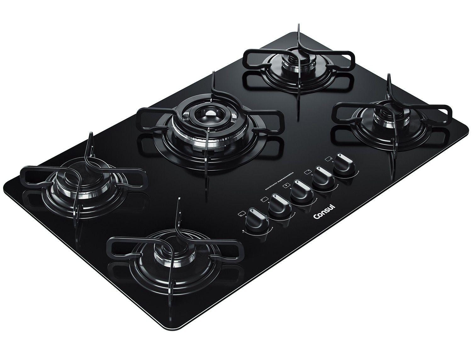 Cooktop 5 Bocas a Gás Natural e GLP Consul Vidro - Temperado Quadrichama Preto CDD75