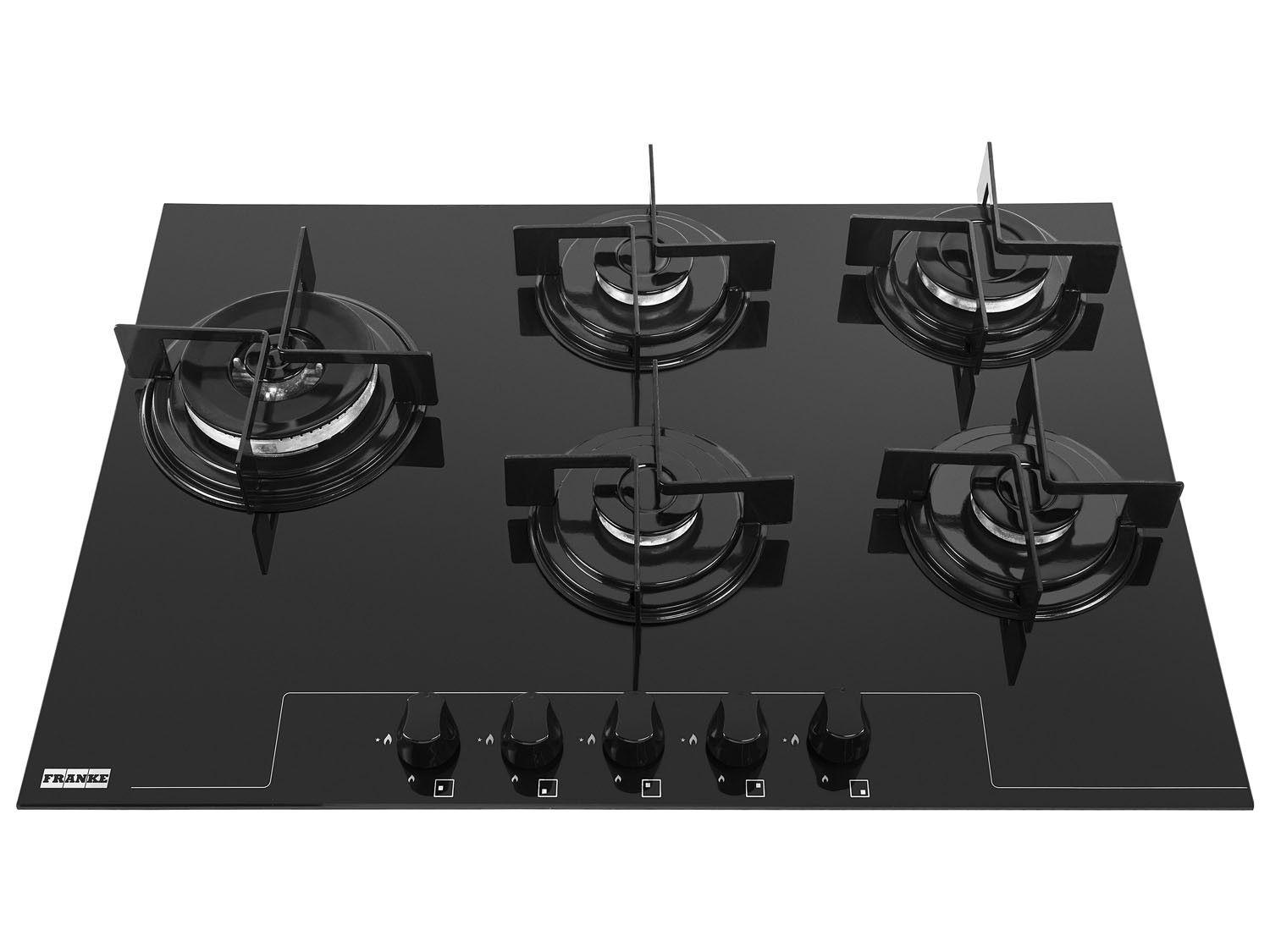Cooktop 5 Bocas Franke Preto a Gás GLP - Tripla-Chama Glass 75 G TC