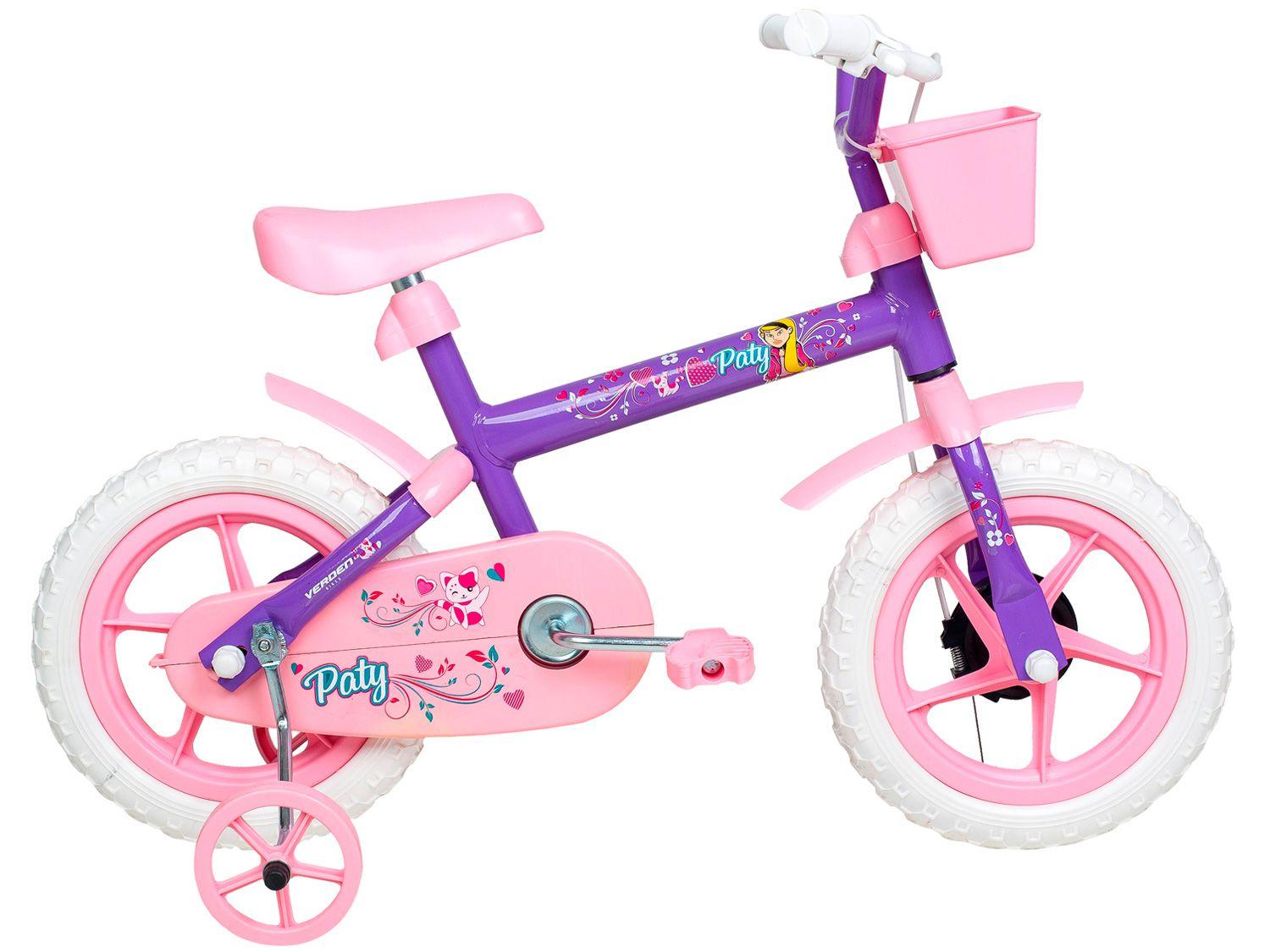 Bicicleta Infantil Aro 12 Verden Paty - Rosa e Lilás com Rodinhas e Cesta