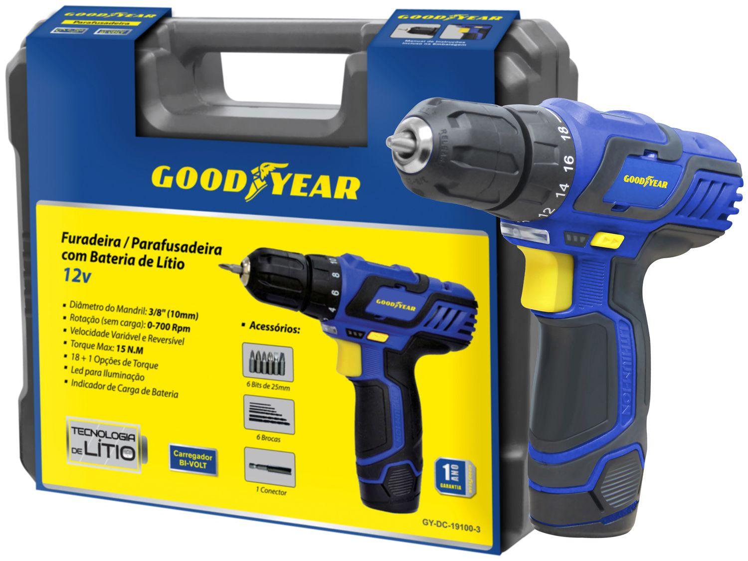 Parafusadeira Elétrica Goodyear GYDC191003 - a Bateria 12V Mandril 3/8" com Maleta