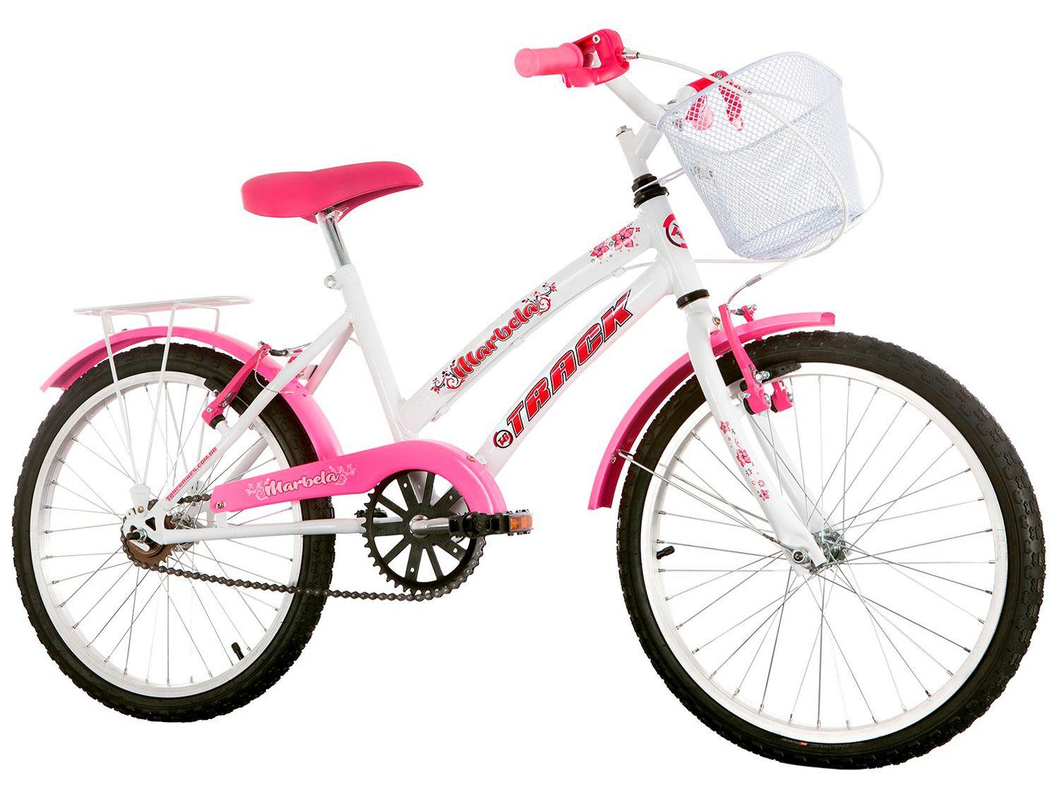 Bicicleta Infantil Aro 20 Track & Bikes Marbela - Branco e Rosa com Cesta Freio V-Brake