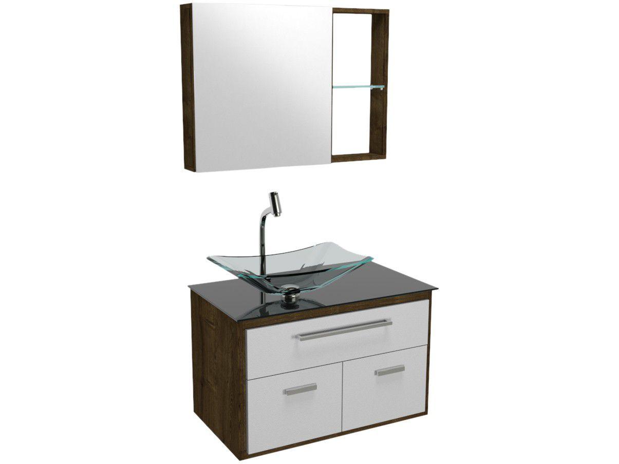 Gabinete para Banheiro de Vidro com Cuba e Espelho - 1 Porta 2 Gavetas VB Cristais VB5047VDPR